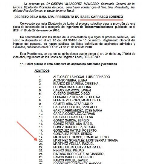 Imagen del decreto firmado por Carrasco que aprobaba la lista de las oposiciones de Ingeniero de Telecomunicaciones, el puesto que ocupaba interinamente una de las detenidas. / WEB DIPUTACIÓN DE LEÓN