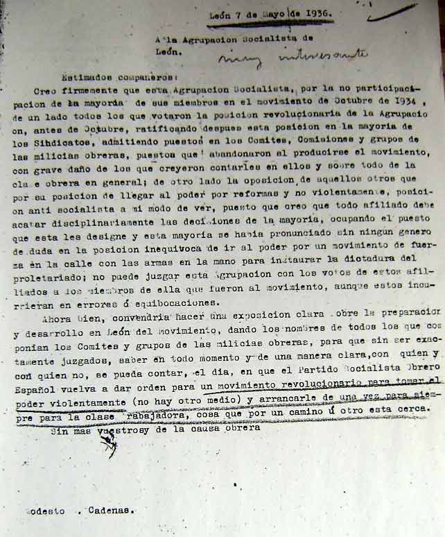 Carta de Modesto Sánchez Cadenas a la Agrupación Socialista en mayo de 1936 abogando por repetir la Revolución del 34. Foto: Javier Fernández-Llamzares