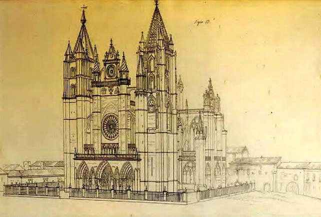 Puerta Obispo era (a la derecha) inseparable de la Catedral de León, como demuestra este dibujo. El urbanismo moderno del alcalde Barthe le puso fin.