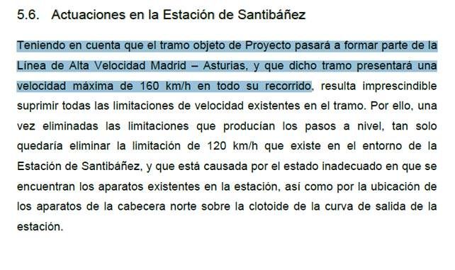 La página 57 del proyecto de renovación de vía entre León y La Robla, con la velocidad máxima.