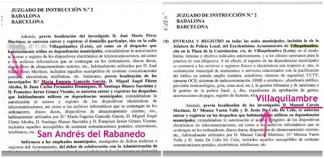 Detalle de las ordenes de registro del auto judicial en San Andrés del Rabanedo y Villaquilambre, con ambos alcaldes como "investigados".
