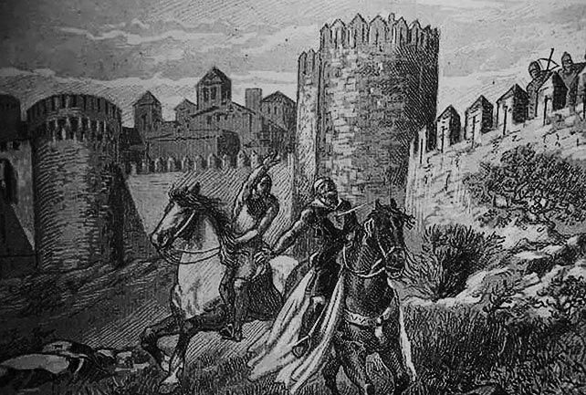 Vellido Dolfos mata a Sancho de Castilla en las murallas de Zamora. Litografía de Joan Serra Pausas de 1900