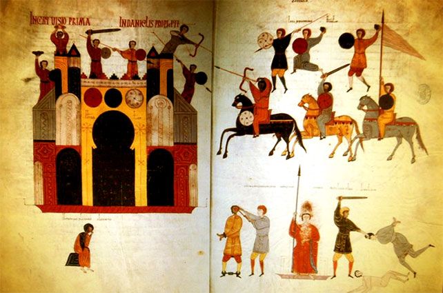 Miniatura medieval en un beato representando un asedio con guerreros del Reino de León.