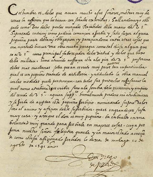 La letra y firma de Diego de Prado y Tovar, en su primer manual de artillería.