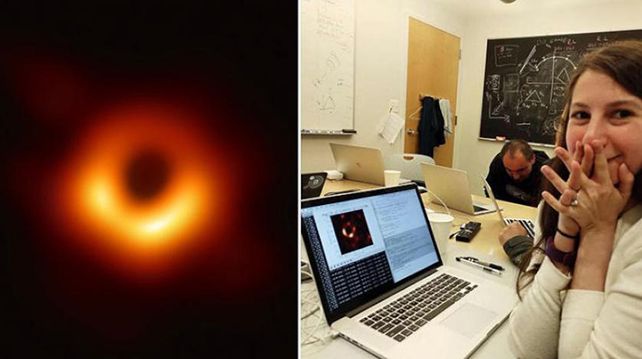 Katie Bouman, en el momento de ver por primera vez la foto del agujero negro de la galaxia Virgo A Messier 87
