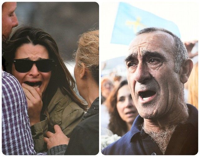Drama y emoción: a la izquierda, reacción ante el accidente mortal de la Hullera en 2013 y a la derecha, cantando 'Santa Bárbara bendita' (fotos de Javier Casares, la de la izquierda fue al día siguiente portada de ABC)
