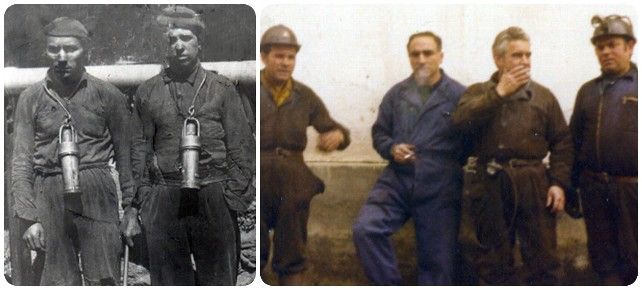 Benjamín Rubio (a la izquierda y segundo por la izquierda, respectivamente), en dos imágenes como minero. 